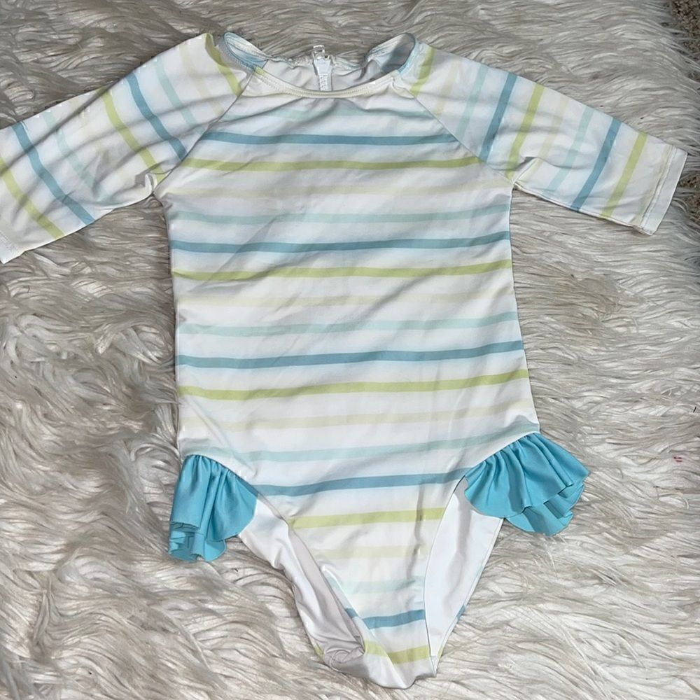 ‎SugarFoot swim girls 3/4 sleeve ruffle one piece buttery Soft Italian fabric